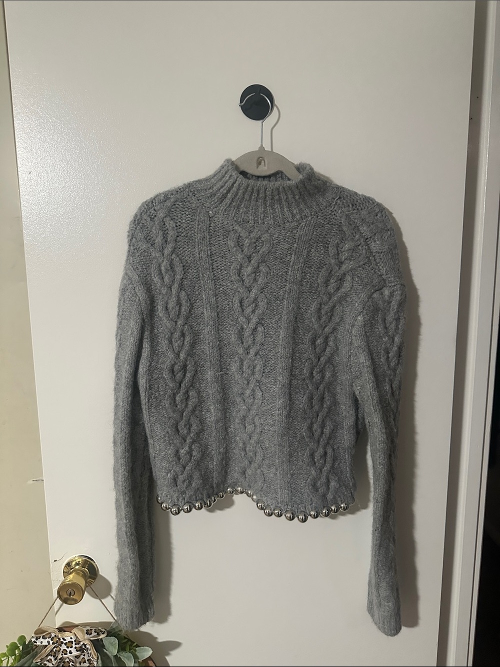 Cozy Grey Cable Knit Mock Neck Sweater